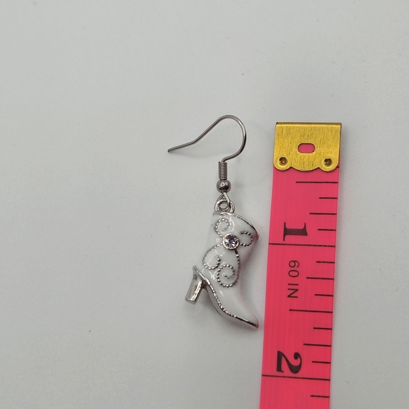 Western Cowboy Boot Earrings White Silver Tone | Handmade Country Cowgirl Dangle - Picture 5 of 5